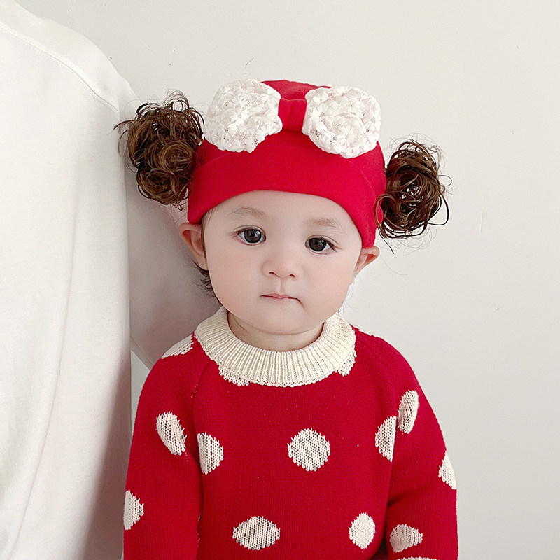 秋冬婴儿帽子女宝宝蝴蝶结假发丸子头护囟门胎帽婴幼儿公主套头帽,淘宝优惠券,粉丝福利购,淘宝优惠卷