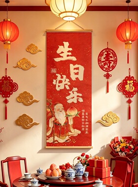 中式寿宴会场景氛围布置挂画老年人生日过寿70大寿80装饰画祝福画