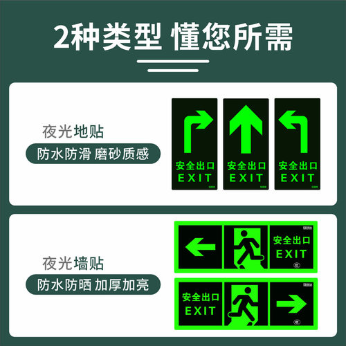 安全出口指示牌免接电安全通道标识贴紧急出口消防贴纸通道楼梯自发光墙贴蓄光疏散指示标志夜光地贴警示牌 - 图3