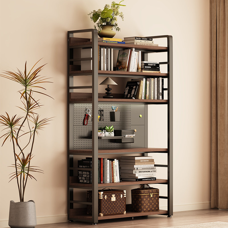 Extended floor-to-ceiling storage shelf bookshelf next to the hole board table