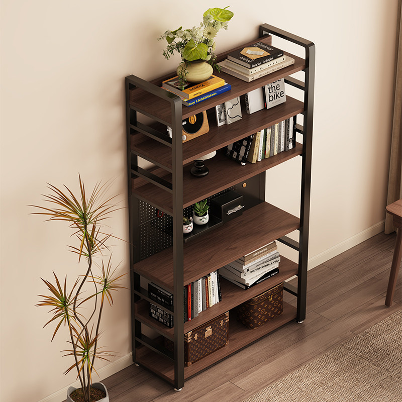 Extended floor-to-ceiling storage shelf bookshelf next to the hole board table