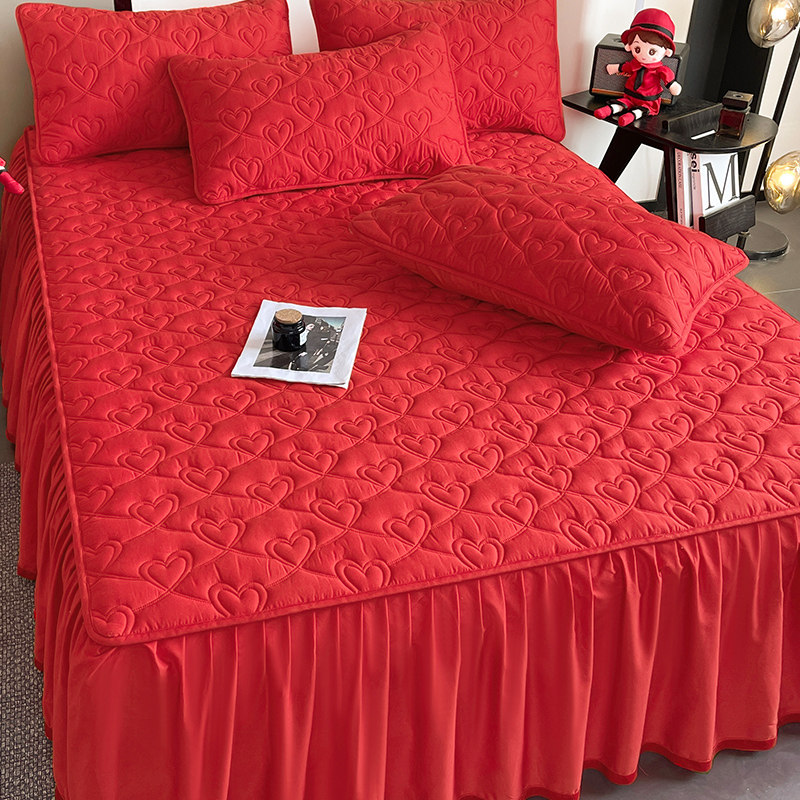 A类全棉夹棉床裙单件结婚喜庆大红色加厚纯棉防滑床笠罩四季通用,淘宝优惠券,粉丝福利购,淘宝优惠卷