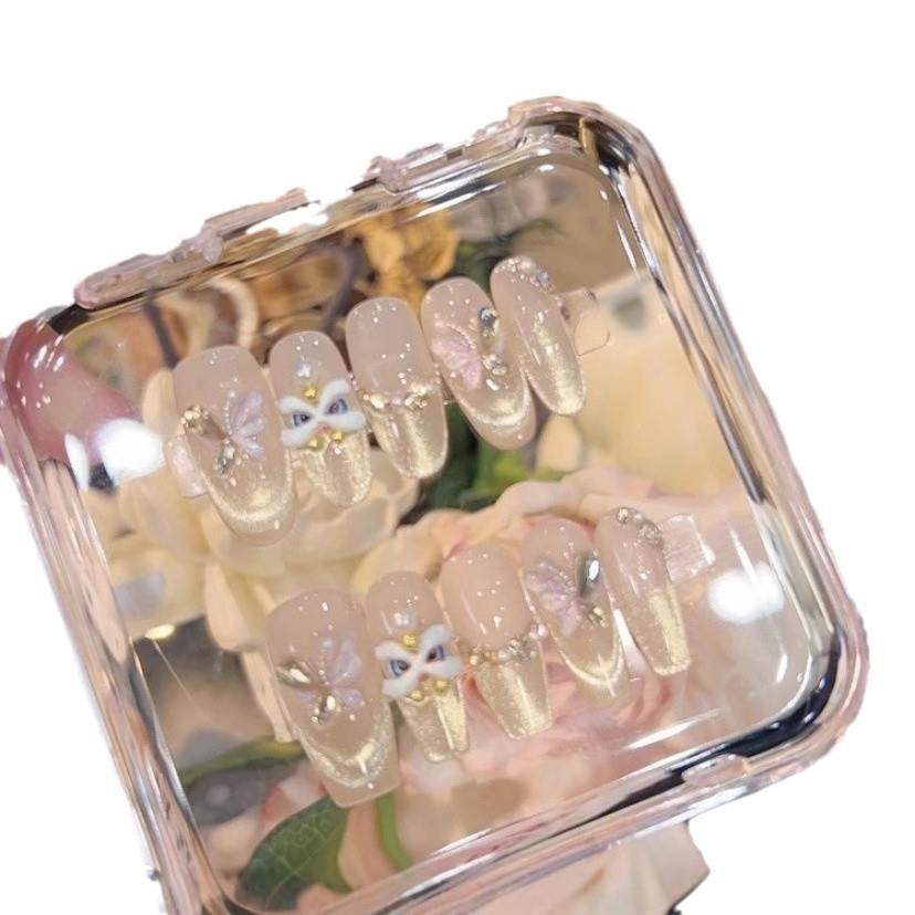 【烫金醒狮】纯手工穿戴甲高级轻奢穿猫眼戴式美甲贴显白10片,淘宝优惠券,粉丝福利购,淘宝优惠卷