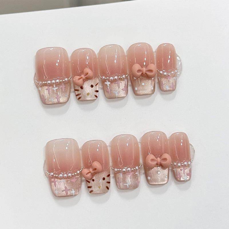 穿戴美甲片猫咪甜美蝴蝶结短款粉色可爱法式猫眼纯手工腮红穿戴甲,淘宝优惠券,粉丝福利购,淘宝优惠卷