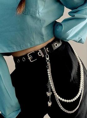 ,嘻哈风金属链条腰带女多层流苏珍珠腰链身体链百搭蝴蝶收腰配饰