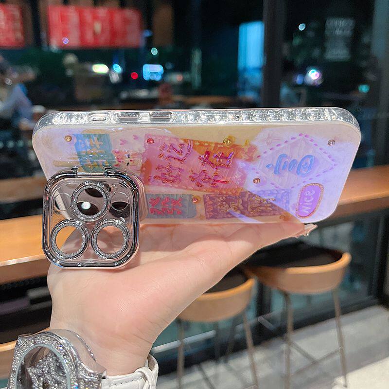 适用苹果系列iPhone16新款手机壳16promax/14promax发财被爱13pro15promax银灰色闪粉镜头支架网红女款保护套