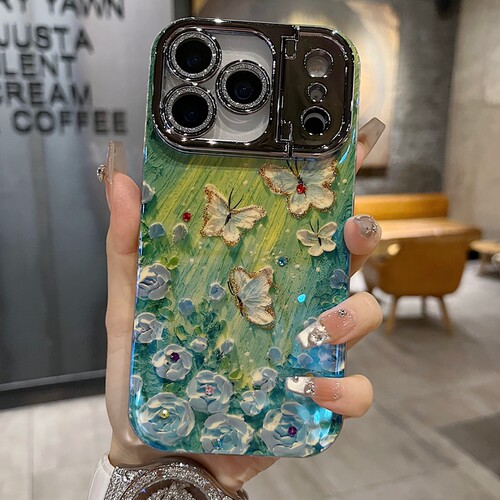 适用苹果系列iPhone17新款手机壳16promax14promax优雅风绿蝴蝶15promax13promax枪色精孔镜头支架网红保护套 - 图0