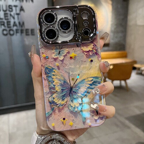 适用苹果系列iPhone17新款手机壳16promax14promax优雅风绿蝴蝶15promax13promax枪色精孔镜头支架网红保护套 - 图1