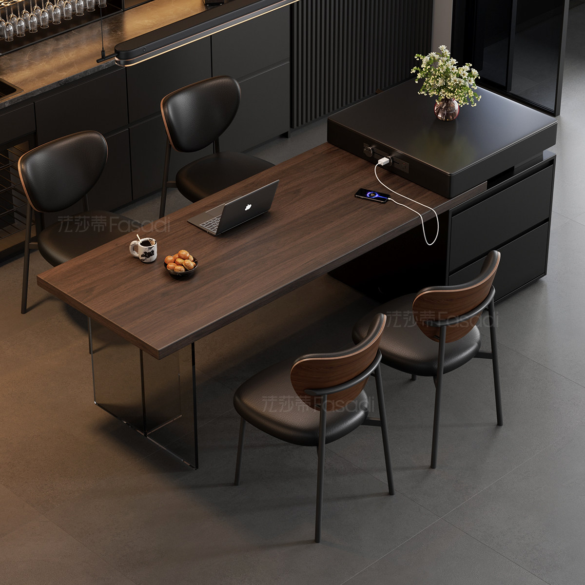 中古风胡桃木纹下挂岩板餐桌椅组合简约小户型岛台餐桌,淘宝优惠券,粉丝福利购,淘宝优惠卷