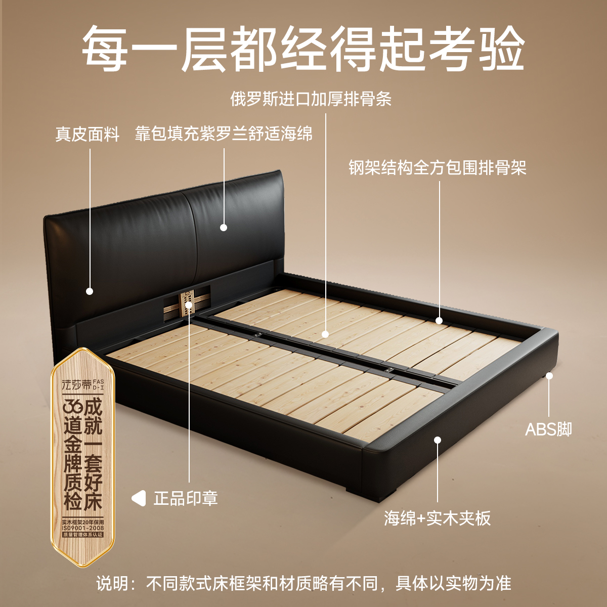 法莎蒂香奈尔真皮床意式轻奢现代简约主卧高端双人床黑色新款床 - 图0