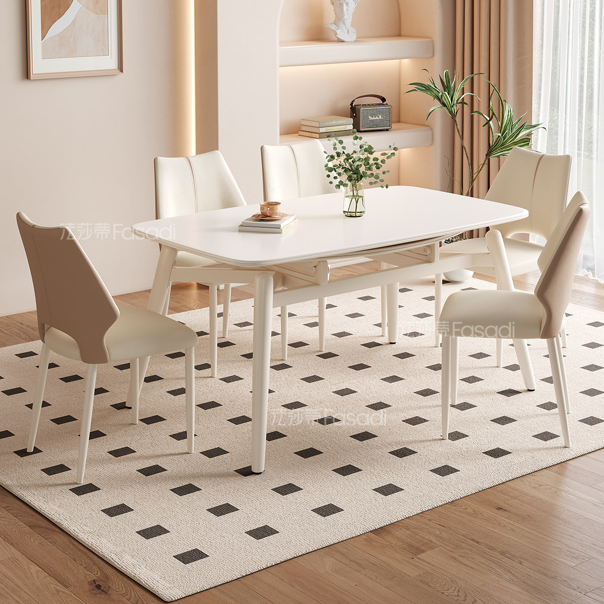 法莎蒂奶油风全托岩板餐桌小户型方圆两用伸缩餐桌椅组合现代简约,淘宝优惠券,粉丝福利购,淘宝优惠卷