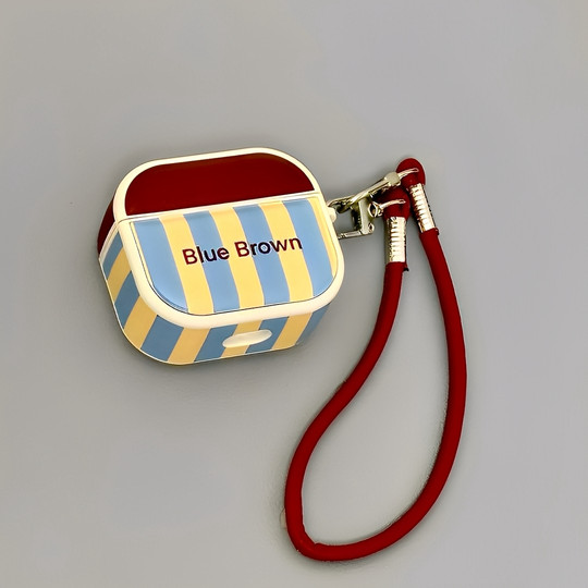 Suitable for Airpods pro3 headphone protective case, leather contrasting color stitching striped Apple headphone case, AirPods1/2 generation/3 protective case with lanyard, airpods4 Bluetooth headphone case, female model