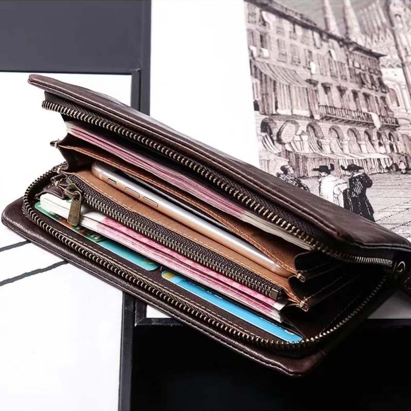 真皮复古男士钱包头层牛皮长款拉链大容量卡包休闲时尚手拿包,淘宝优惠券,粉丝福利购,淘宝优惠卷