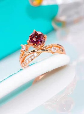 D色莫桑石镂空藤蔓红宝石戒指