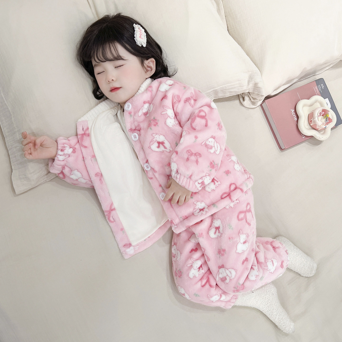 女童法兰绒睡衣秋冬款2025新款女孩双层加厚珊瑚绒保暖家居服套装,淘宝优惠券,粉丝福利购,淘宝优惠卷