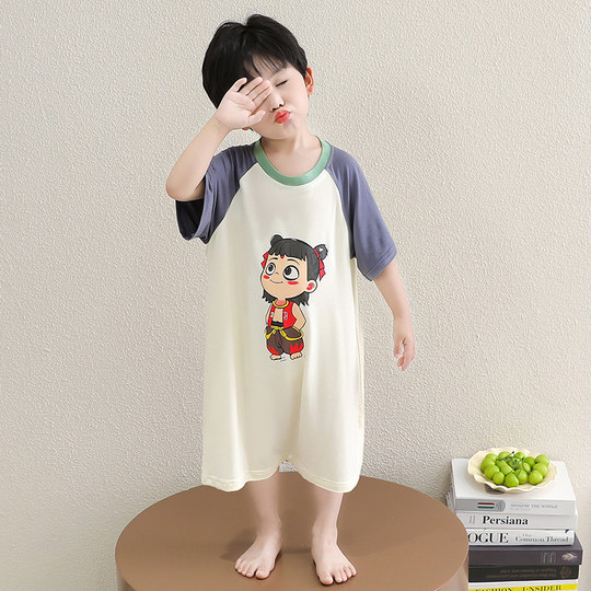 Boys pajamas summer 2025 one-piece modal air conditioning suit baby ha-shirt summer nightgown Nezha home clothes