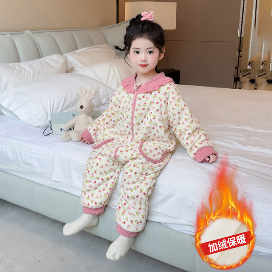 儿童连体睡衣女童珊瑚绒冬款女孩加绒加厚连身衣爬服宝宝保暖睡袋