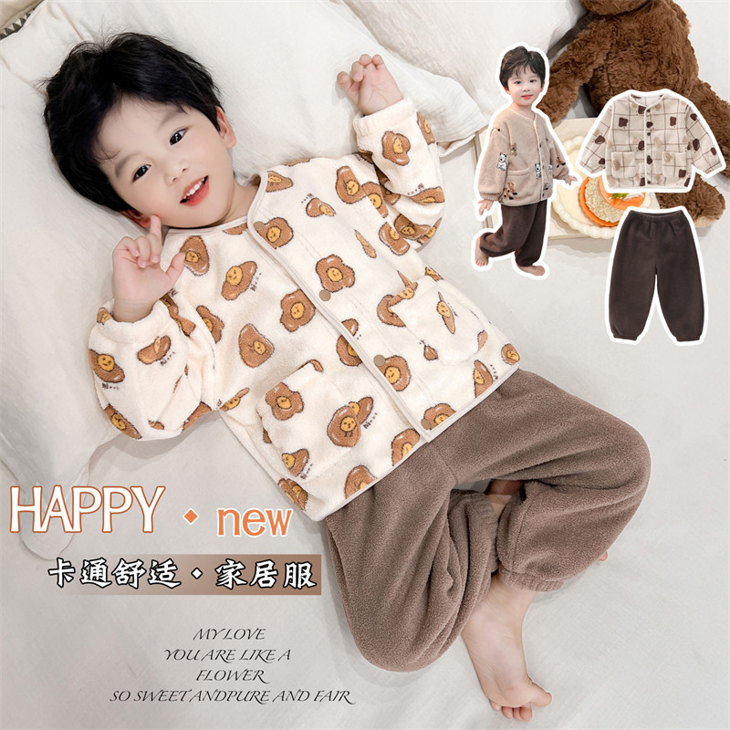 男童睡衣套装2025新款珊瑚绒宝宝秋冬款儿童开衫法兰绒保暖家居服 - 图3