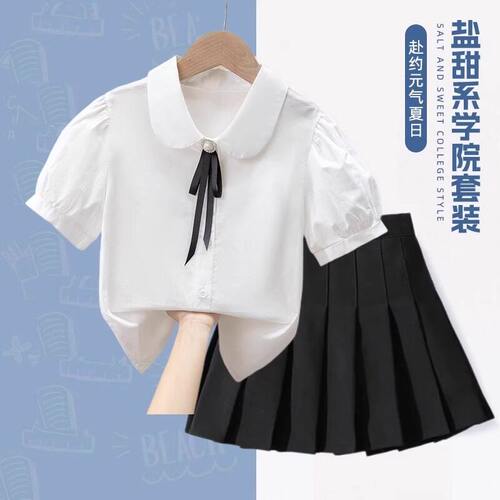 女童夏季短袖白色纯棉衬衫学生毕业儿童学院风百褶裙jk校服套装裙 - 图2