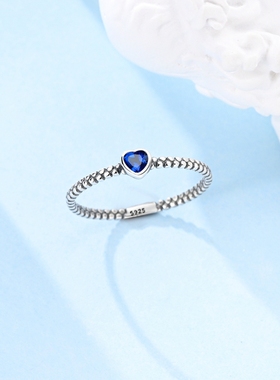 MYBEBOA/美缤宝 纯银S925 复古露珠纹宝蓝爱心戒圈女士戒指复古