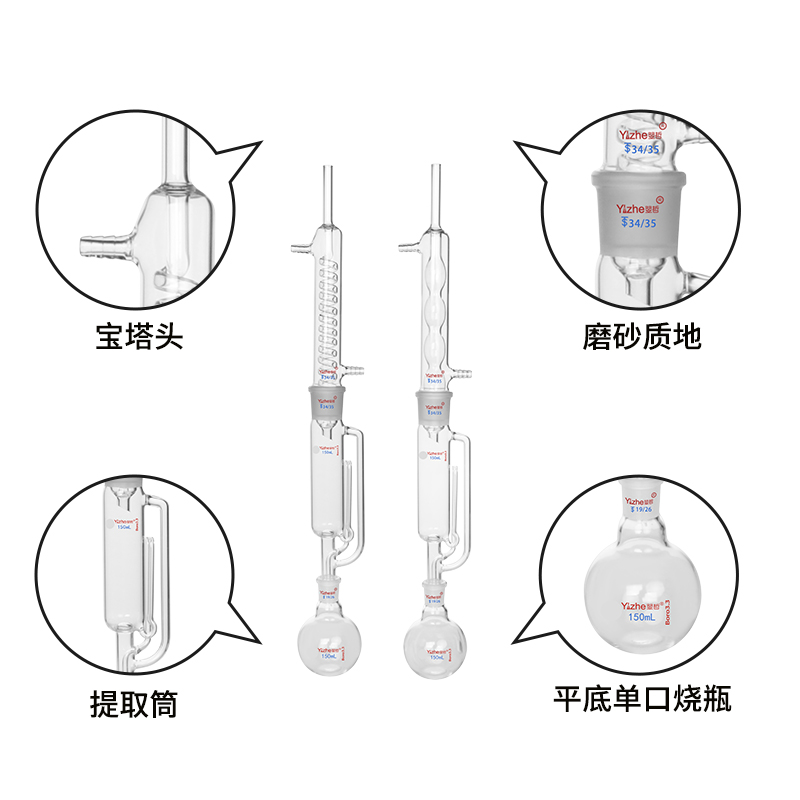 翌哲牌 索氏提取器玻璃球形蛇形脂肪抽出器全套60/150/250/500/1000ml实验室提取装置萃取器 玻璃仪器器皿 - 图0