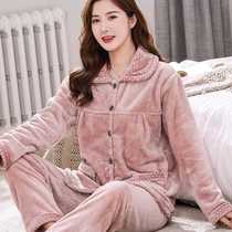 Korean Version Coral Fleece Pyjamas Lady Autumn Winter Warm Mom Suit Thickened Flannel Outwear Casual Home Clothing