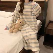 Coral Suede Striped Sleeping Dress Woman Autumn Winter 2023 New Flannel Cute Paccia Dog Web Red Wind Dress