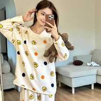 Autumn winter pyjamas female bestie sleeve head round neckline Thin Coral Suede Winter Lady Cute Ensemble Cloud Suede Household Clothes