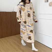 Extra-large Code 300 Catty Sleeping Skirt Woman Autumn Winter Style Thickened Flannel Cute Cartoon Fat Mm Long Sleeve Loose version Long dress