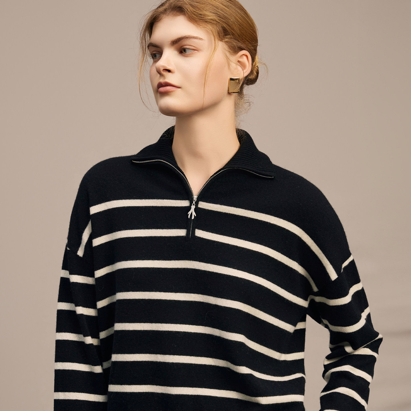 鹿王100%山羊绒衫女半拉链翻领条纹针织衫毛衣内搭保暖25年秋冬新,淘宝优惠券,粉丝福利购,淘宝优惠卷