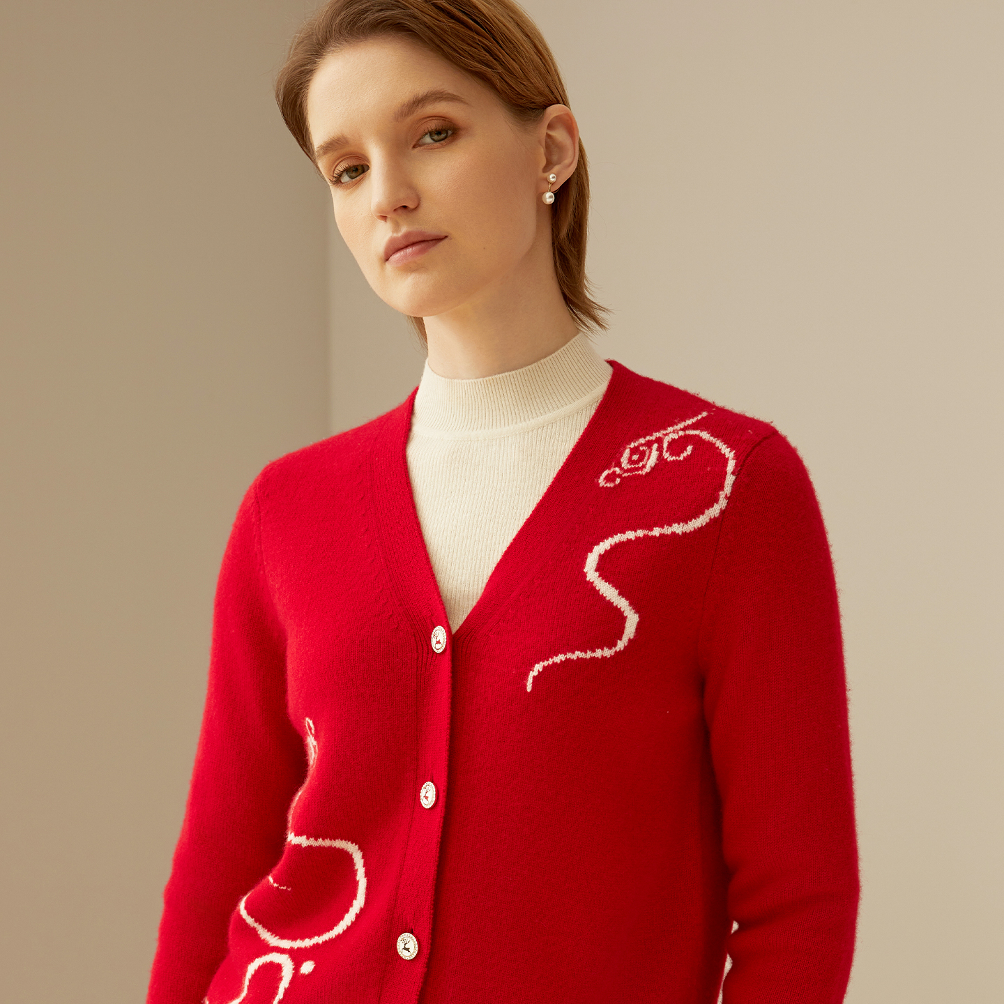 鹿王100%纯山羊绒开衫女士V领宽松气质简约提花针织衫秋冬新款 - 图1