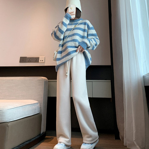 2025秋冬新款羊羔绒针织阔腿裤休闲宽松加绒加厚针织直筒拖地裤 - 图1