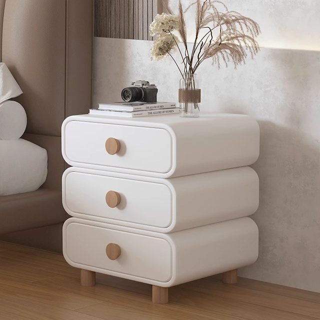 Bedside table Solid wood cream color bedroom bedside cabinet Simple modern leather three-pump three-layer small ultra-narrow storage cabinet