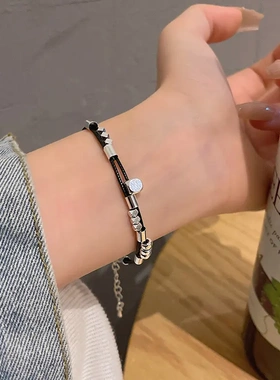 小方块双层黑皮手链女新款小众设计冷淡风手环简约百搭情侣手饰品