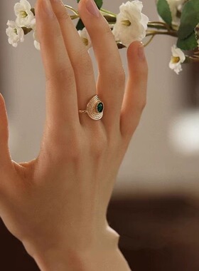 铜合金戒指新款时尚简约百搭绿色草帽戒指女气质指环