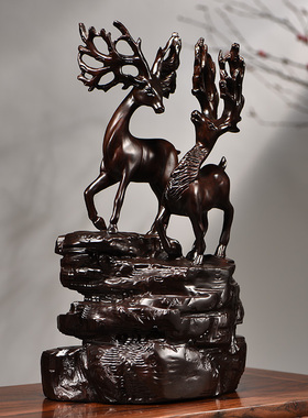 黑檀实木雕刻麋鹿摆件梅花鹿摆件家居客厅办公装饰开业红木工艺品