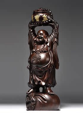 黑檀木雕刻弥勒佛佛像摆件聚宝盆笑佛红木家居客厅装饰红木工艺品