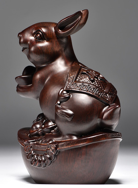 工艺黑檀木雕刻家居客厅兔子摆件