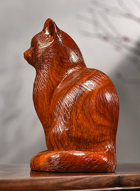 动物猫摆件招财猫花梨木可爱