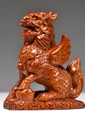 花梨实木麒麟一对摆件木质麒麟雕刻客厅玄关摆设装饰开业工艺礼品