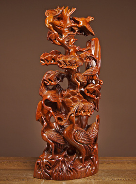 木雕松鹤延年家居客厅贺寿工艺品