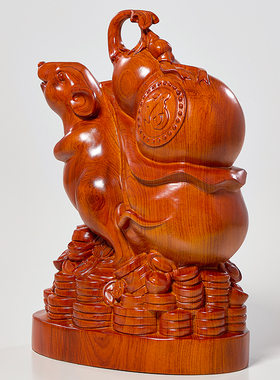 黄花梨木雕老鼠摆件葫芦风水