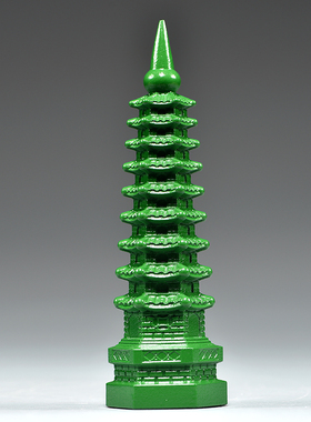 绿色桃木雕刻9层文昌塔摆件