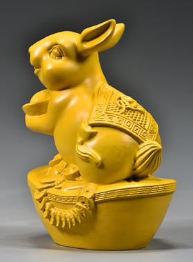 黄色实木兔子摆件木质雕刻十二生肖木头小兔吉祥物装饰木制工艺品