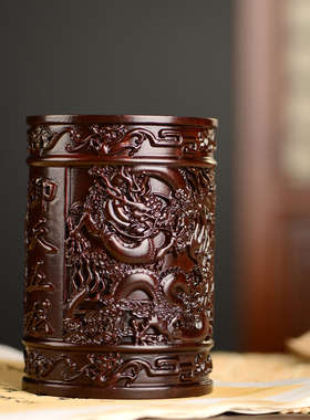 笔筒黑檀木雕御天飞龙笔筒工艺品