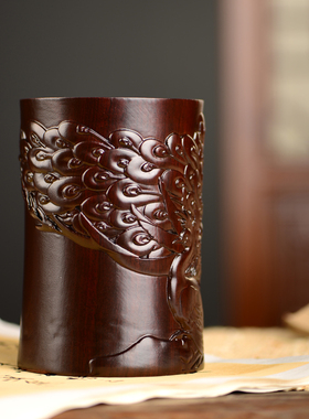 黑檀木雕凤凰笔筒工艺品办公室