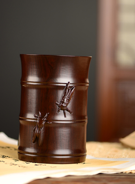 黑檀木雕知足笔筒工艺品办公室