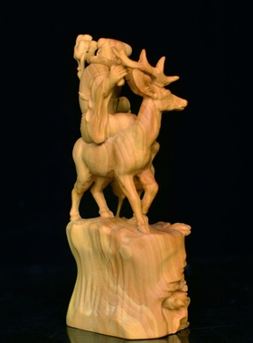 手工雕刻黄杨木雕家居摆设寿星鹿鹤同春老寿星贺寿木工艺礼品摆件