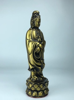 精工黄铜观世音菩萨站莲花像家居供奉摆件黄铜观音佛像摆设