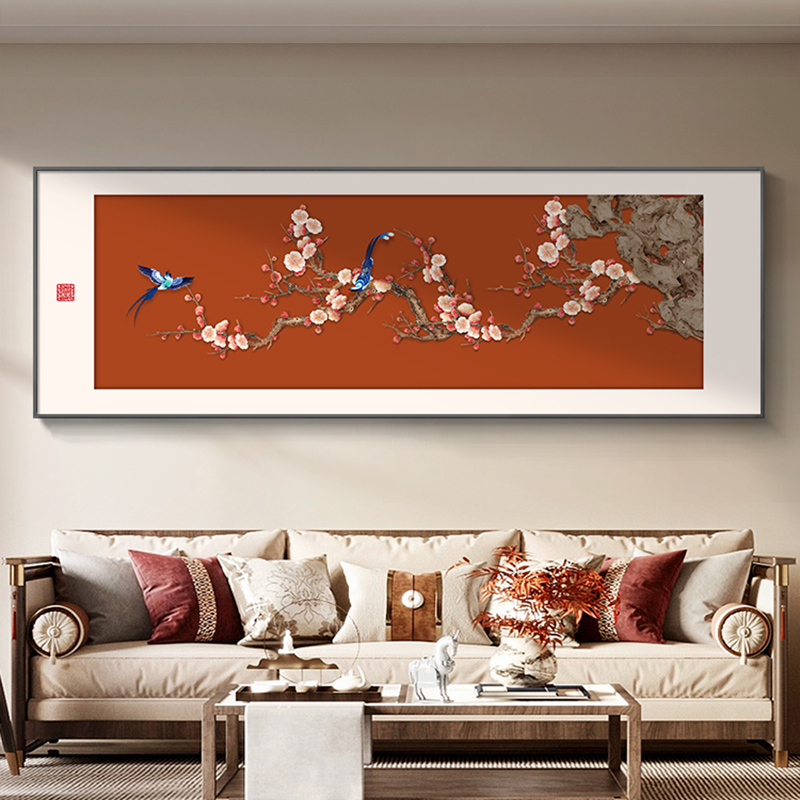 新中式喜上枝头客厅装饰画中古感沙发背景墙挂画横幅喜庆花鸟壁画